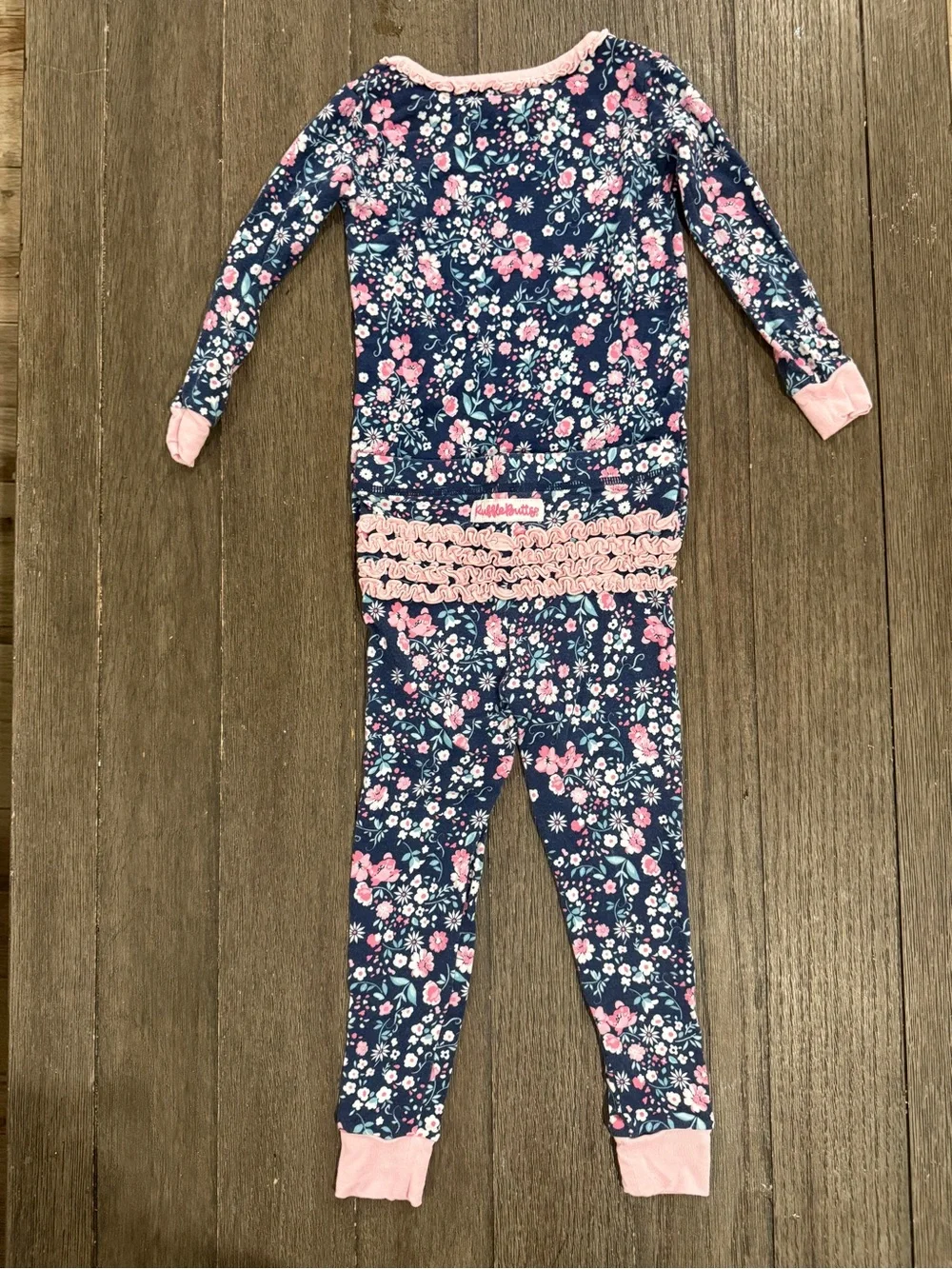 Ruffle Butts Navy Floral Top with Pink Trim